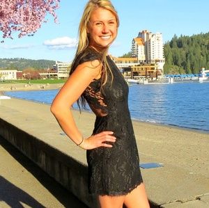 Black lace open back dress with POCKETS!